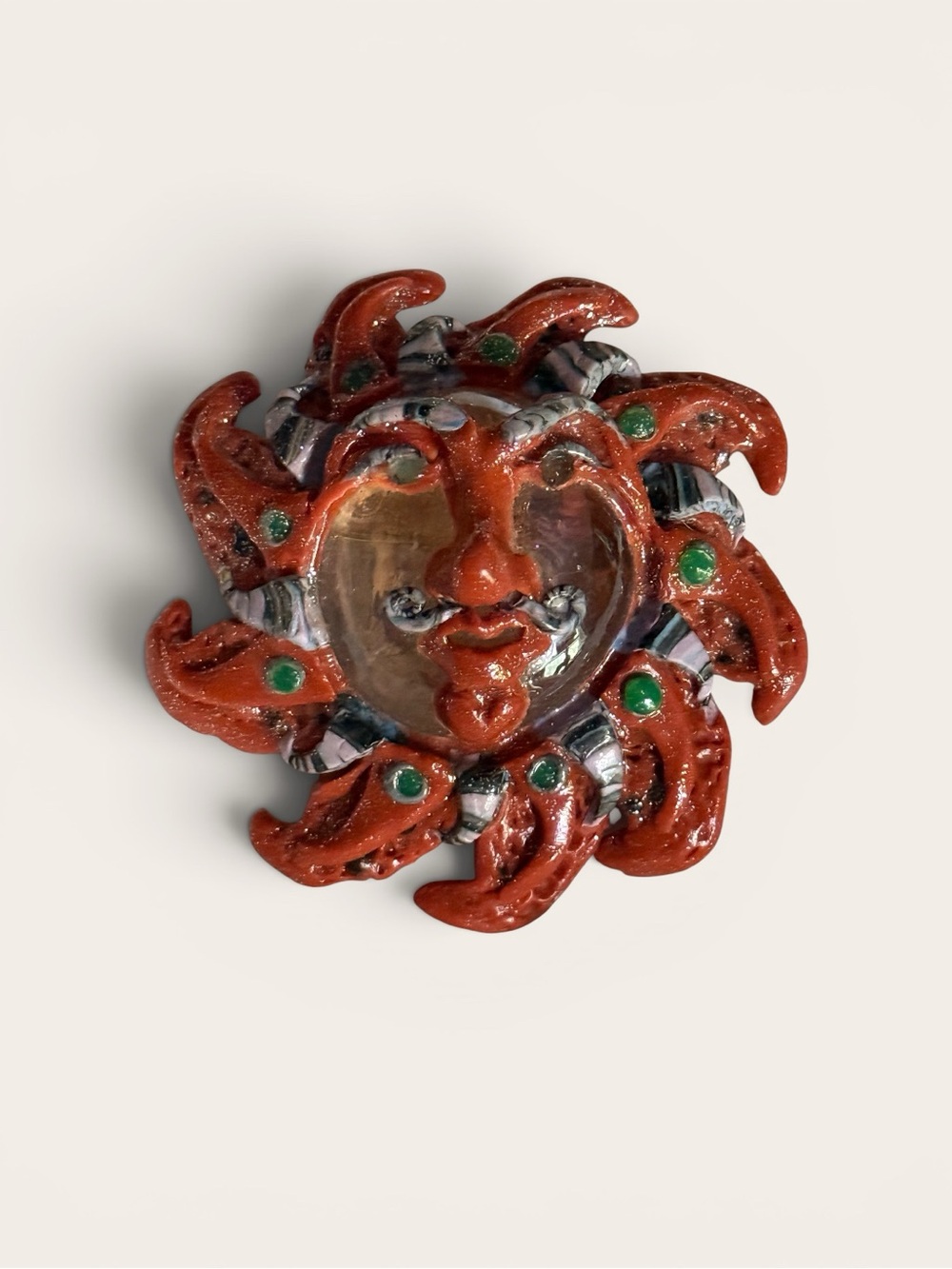 Artisan Red Sunface Brooch with Green Accents - Women's Jewelry